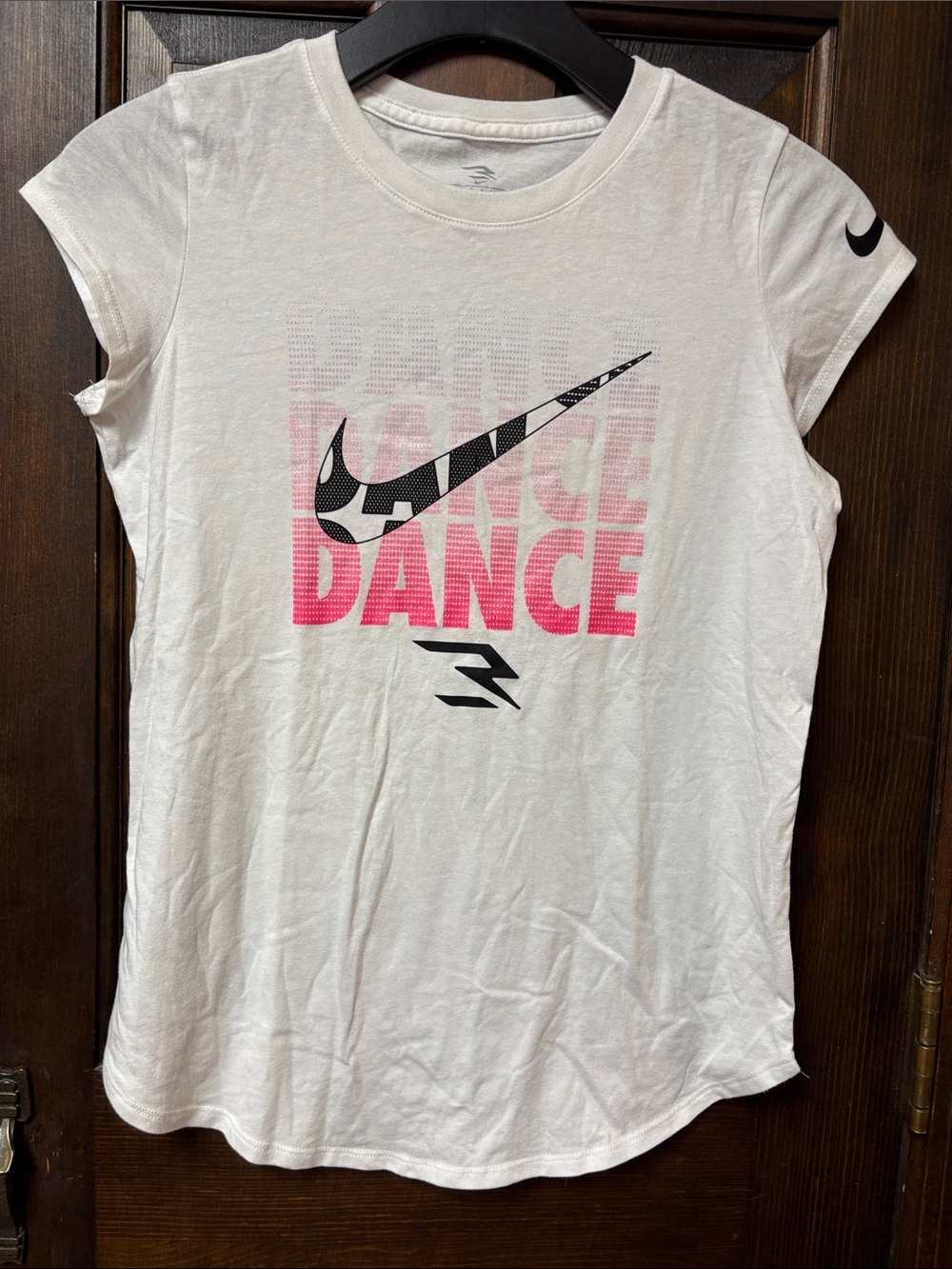 Nike White Tee with Pink 'DANCE' Graphic and Black Swoosh girls XL